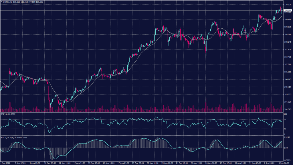 US dollar index chart showing that the momentum slowed this morning which might lead prices to decline towards 109.70. 
