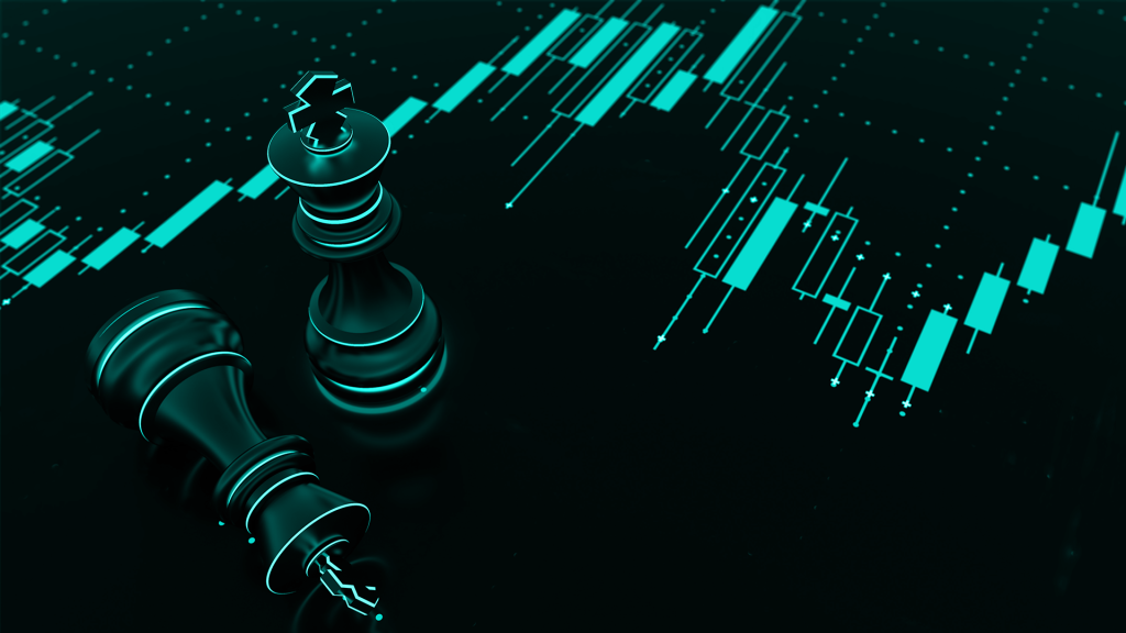 What is a CFD in Trading? A financial market chart in turquoise color with 2 chess armies.