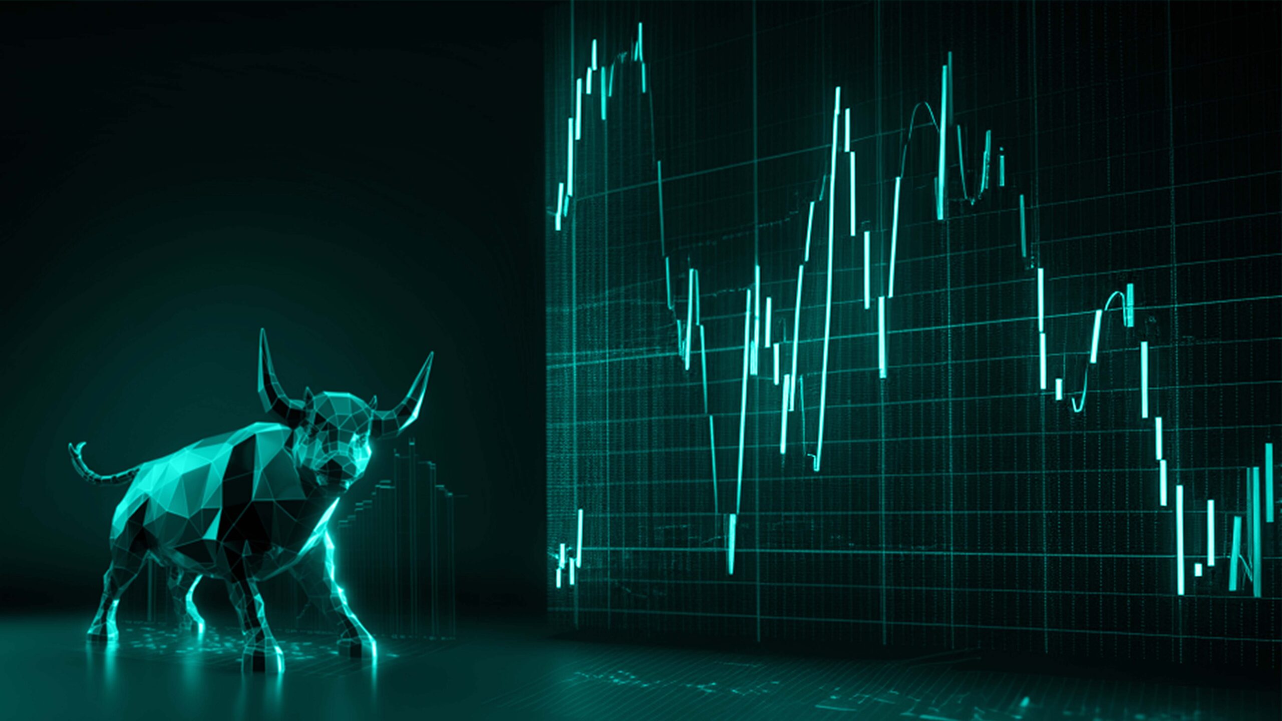 ¿Qué es un CFD en el trading? Un gráfico de mercado financiero en color oscuro con las velas y un toro en turquesa.